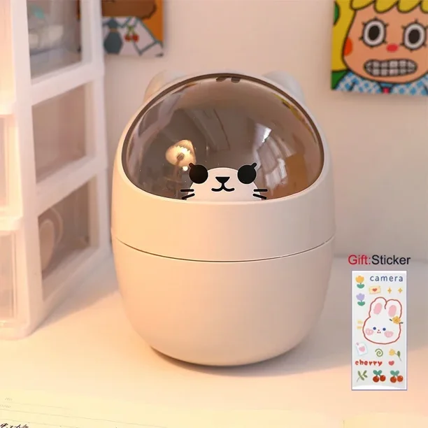 Bote de basura pequeño con tapa, creativo y bonito estilo Ins para el hogar, para dormitorio, escritorio, caja de almacenamiento, soporte para bolígrafos, regalo de una pegatina