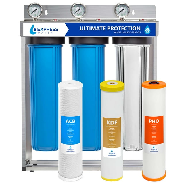 Express Water Ultimate Protection Sistema de filtro de agua para toda la casa - Sistema de filtración de agua de 3 etapas Antiescala de metales pesados - Polifosfato, KDF, filtros de carbón - Agua p