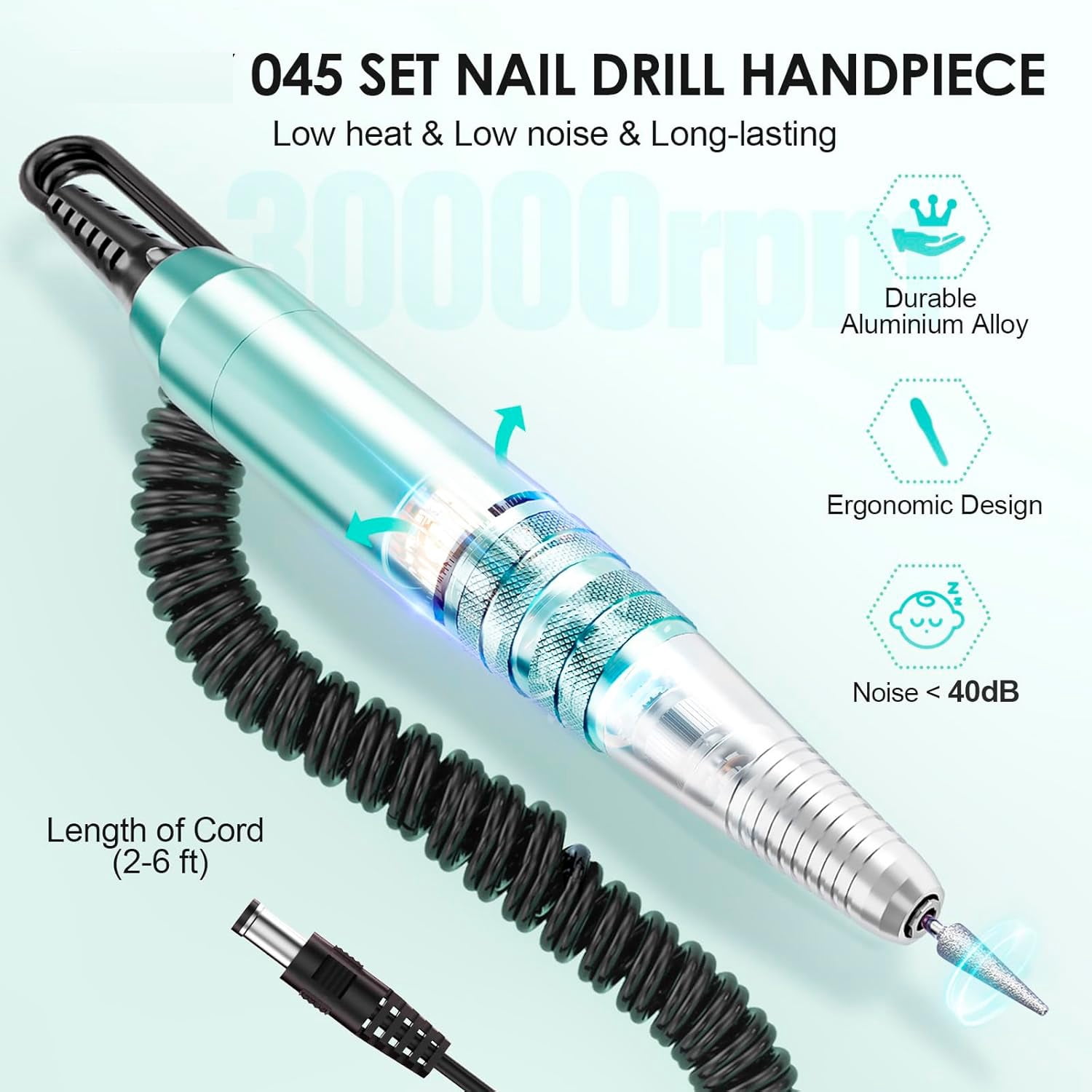 Professional Electric Nail Drill Kit, 30000 RPM Manicure Pedicure Machine with 6 Bits & 100 Sanding Bands,Green