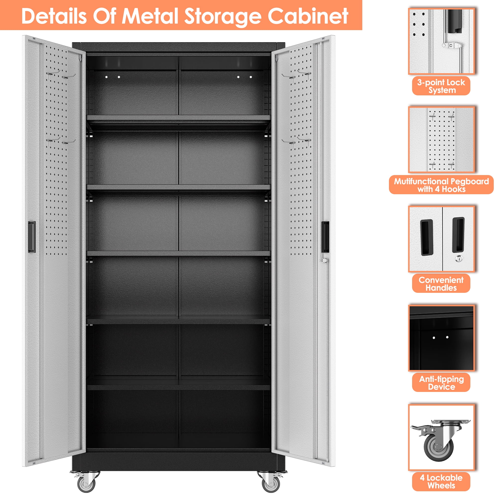 Aobabo Metal Garage Storage Cabinet with Wheels, Rolling Tool Storage Cabinet with 5 Adjustable Shelves and Pegboard for Home Office Utility Room,Required Assembly,Black Silvery 71" H×32" W×16" D
