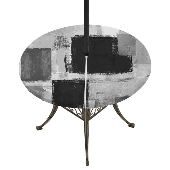 Round Outdoor Tablecloth with Umbrella Hole and Zipper, Black Grey Ombre Fitted Table Cover with Elastic Edge for 36-44 Inch, Vintage Abstract Smear Aesthetics Waterproof Patio Tablecoths for Picnic