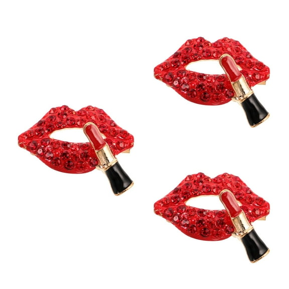HOMEMAXS 3pcs Rhinestone Inlaid Brooch Pin for Women Clothes Decorative Bling Lapel Pin Lip with Lipstick Shaped Brooch for Suit Scarf Hat Backpack