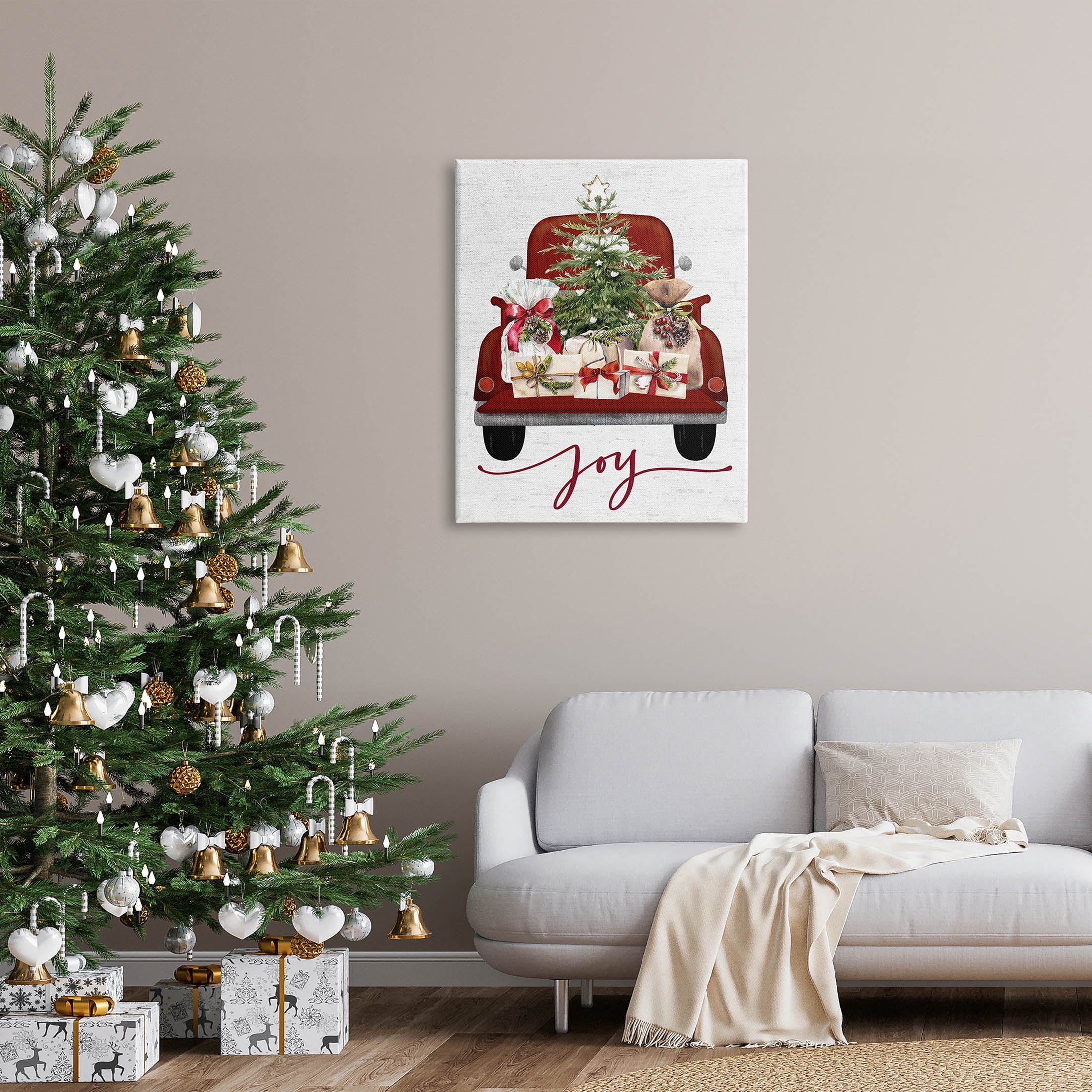 Stupell Industries Joy Holiday Red Gift Truck Graphic Art Gallery Wrapped Canvas Print Wall Art, Design by Lettered and Lined