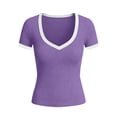 thumbnail image 5 of cocolona Womens Summer Short Sleeve Tops Fashion Casual Color Block V Neck Ribbed Slim T-shirts Soft Stretch Tees Blouses, 5 of 6