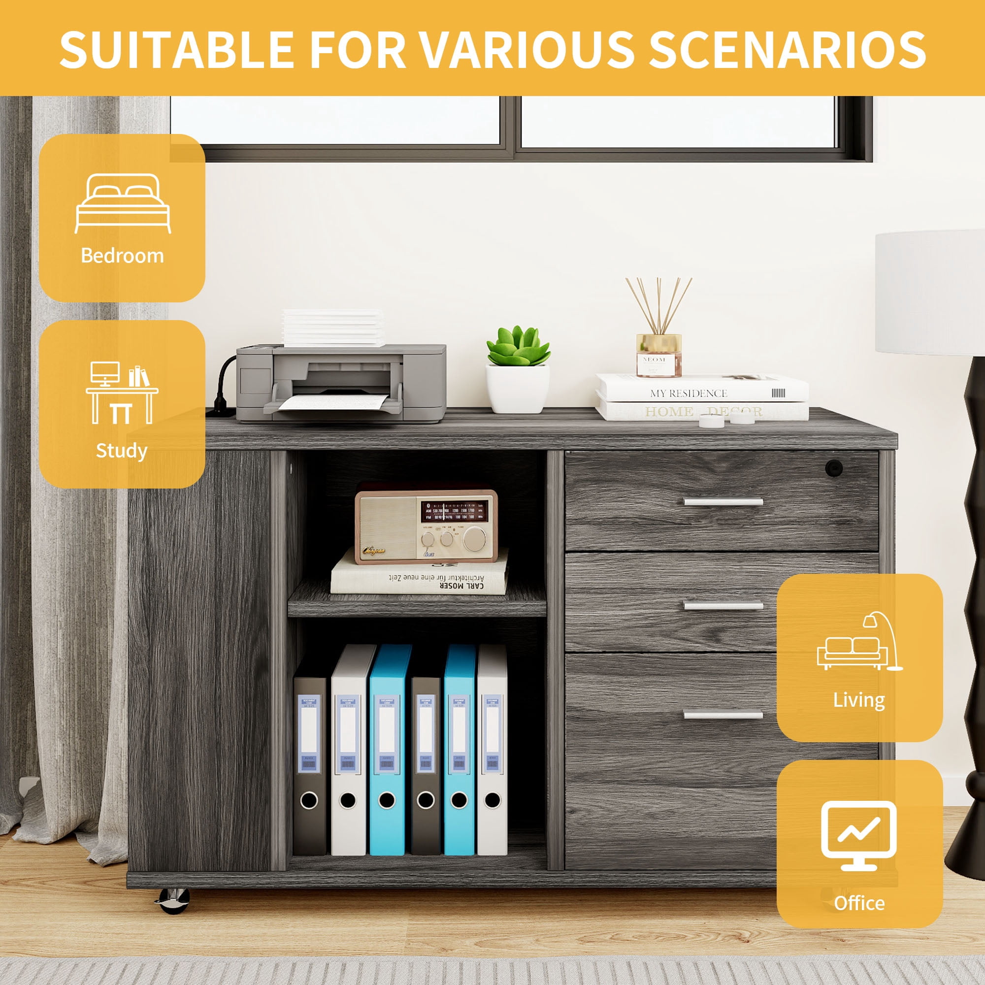 DWVO Wood Lateral File Cabinet with Charging Station and Lock for Home Office, Printer Stand with Open Storage Shelf,Gray