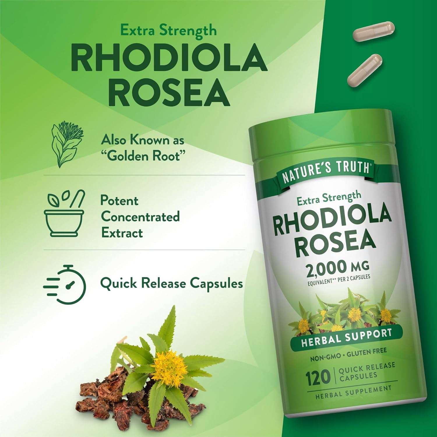 Rhodiola Rosea | 2000mg | 120 Capsules | Non-GMO, Gluten Free Extract Supplement | by Nature's Truth