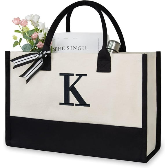 Hongkaii Embroidery Initial Canvas Tote Bag, Personalized Present Suitable for Wedding, Birthday, Beach, Holiday, is a Great Gift Women, Mom, Teachers, Friends, Bridesmaids (Letter K) YD72-2791