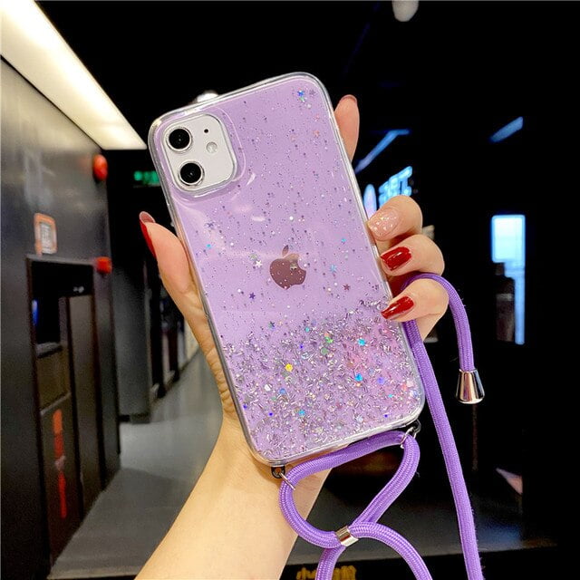 Bling Glitter Strap Cord Chain Necklace Lanyard Phone Case For iPhone 14 13  12 Mini 11 Pro XS Max X XR 6 7 8 Plus Silicone Cover 