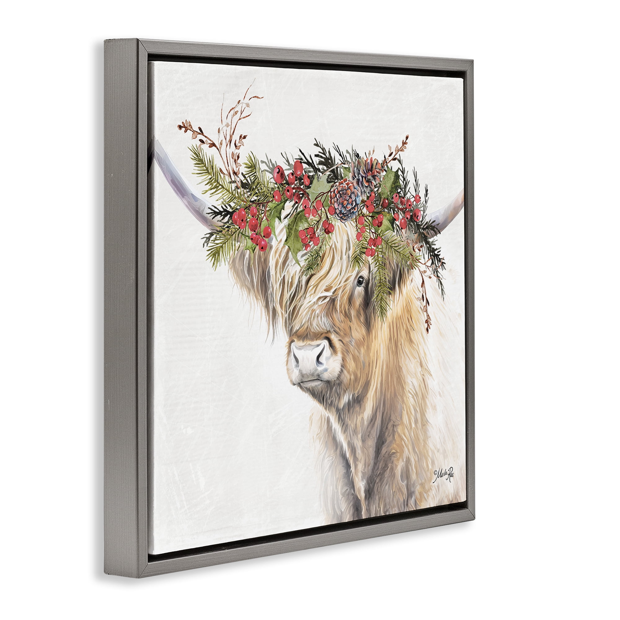 Stupell Industries Cattle with Seasonal Berries Animals & Insects Painting Gray Floater Framed Canvas Art Print Wall Art, 18 x 18