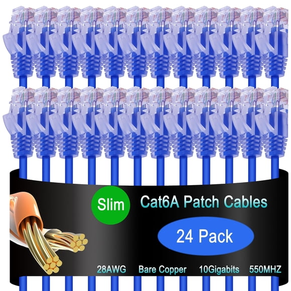 Lysymixs Cat6a Slim Ethernet Patch Cable 14 ft (24 Pack), Cat6a Patch Cable for Data Centers, Cat 6 Patch Cable 10G, Network Patch Cables for Home an