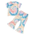 thumbnail image 2 of Clearance Summer Saving kttectoa Summer Outfits for Girl Fashion Tie Dye Crewneck Short Sleeve Tee Tops and Elastic Waist Flared Pant 2 Pieces Sets Clothes for Girls 1-5T, 2 of 7