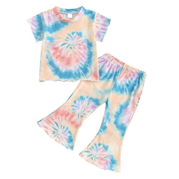 Edvintorg 12Months-5Years Baby Girls' Clothing Sets Fashion Casual Round Neck Short Sleeve Tops Shirt and Flared Pants Sets Summer Children's Clothing Girls