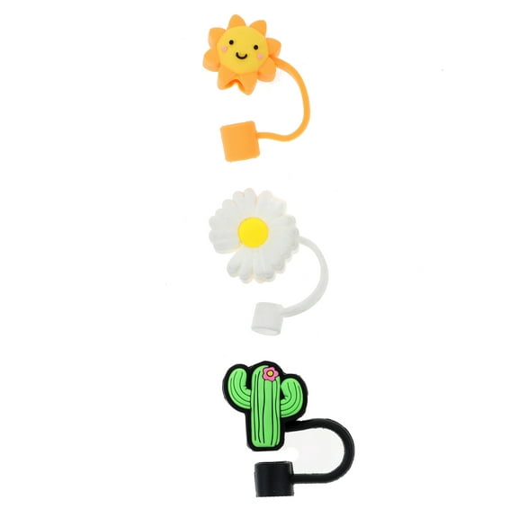 Wonder Nation 3-Pack Silicone Straw Topper Set, Reusable, Flower, Sun and Cactus, Multicolored, 3 Pieces