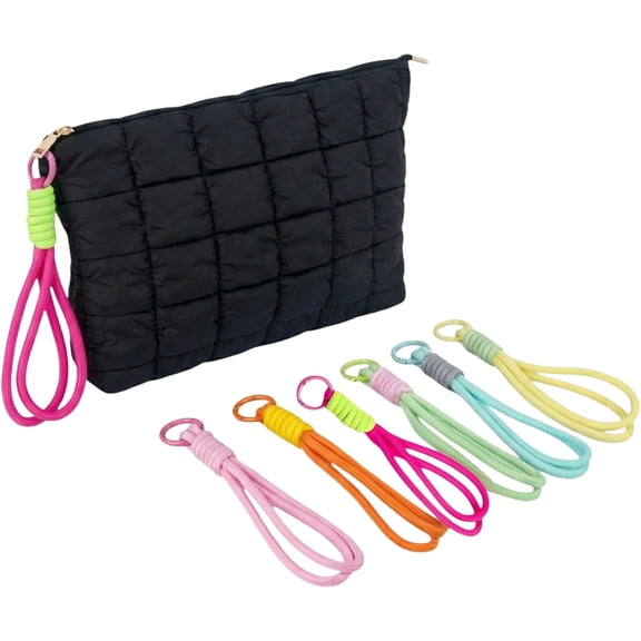 Black Puffer Quilted Makeup Bag for Women with Wrist Straps - 10" Roomy Puffy Cosmetic Pouch, Travel Toiletry Organizer Bag-E