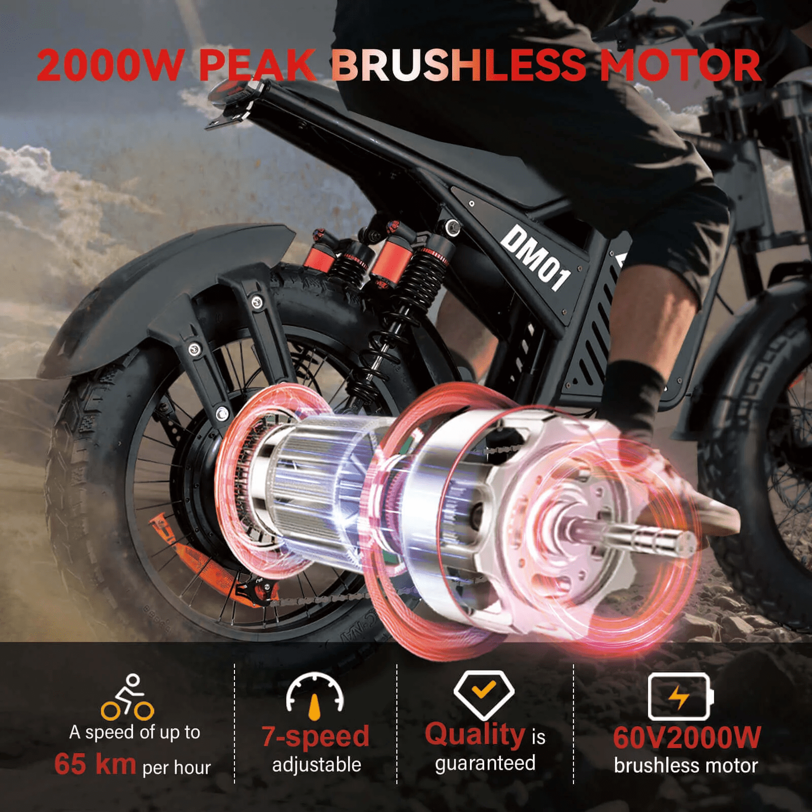 BAOLUJIE DM01 Electric Dirt Bike for Adults - 60V 30Ah Battery, Peak 3000W Motor, 53 MPH, 20" x 4.0" Fat Tires, Full Suspension, Hydraulic Brakes, Urban Commuter EBike, UL2849