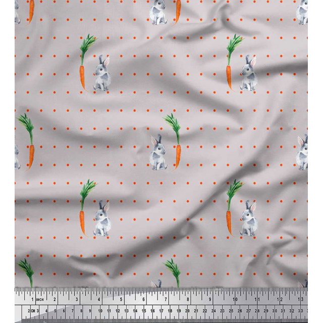 Soimoi Rayon Fabric Carrot & Rabbit Dots Print Fabric by Yard 42 Inch Wide
