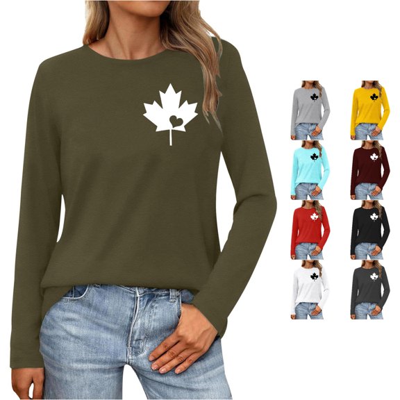 XIAONU Maple Leaf Heart Print Womens Long Sleeve Shirt Crew Neck Casual Basic Tee