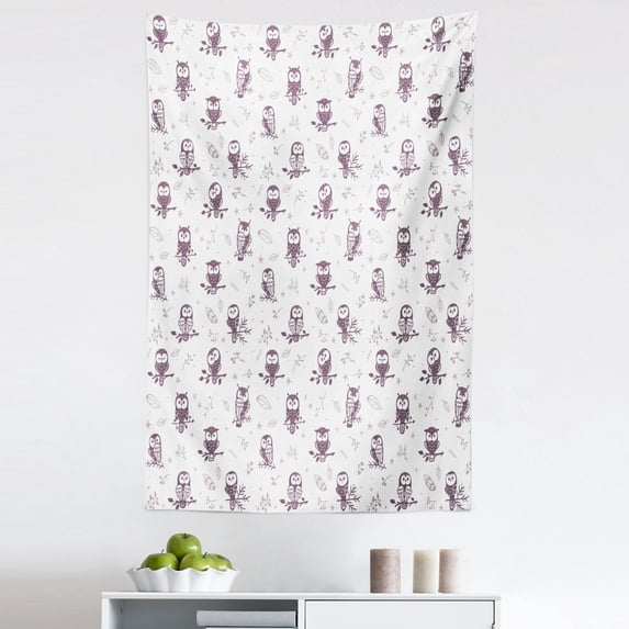 Animal Tapestry, Cartoon Style Illustration of Birds on the Branches Mysterious Woods Print, Fabric Wall Hanging Decor for Bedroom Living Room Dorm, 5 Sizes, Eggplant and White, by Ambesonne