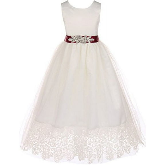 Big Girls Off White Custom Rhinestone Belt Lace First Communion Formal Flower Girl Dress Burgundy 10 (J2K0S73)