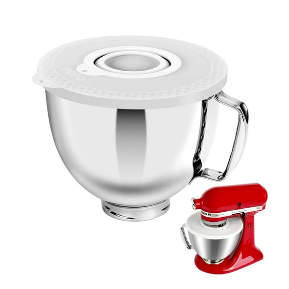 5 Quart Stainless Steel Mixer Bowl Set Compatible with KitchenAid 4.5-5 Quart Tilt-Head Stand Mixers (5 Quart Bowl+White Cover)