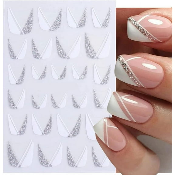 French V-Shaped Nail Art Sticker, 3D Self-Adhesive French Glitter Nail Decals Tips 8Sheets V Shape Nail Guides Design Decoration for Women Manicure DIY Accessories Supplies