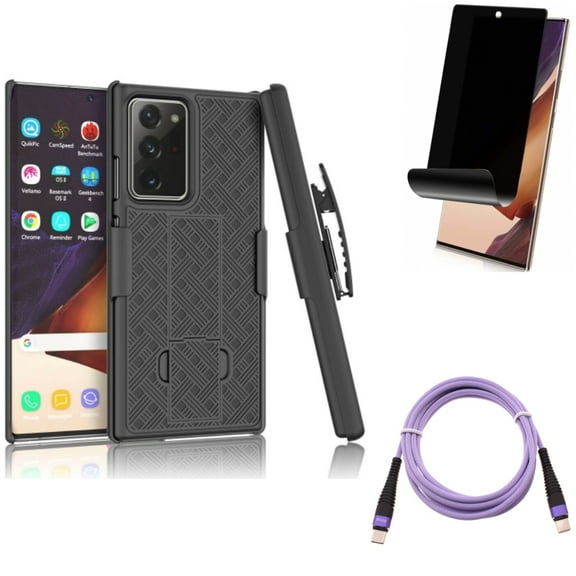 Privacy Screen Protector & Purple 6ft PD Cable & Case Belt Clip for Samsung Galaxy Note 20 Ultra (6.9") - Combo with TPU Film Anti-Peep & Type-C to USB-C Long Charger Cord & Holster Swivel