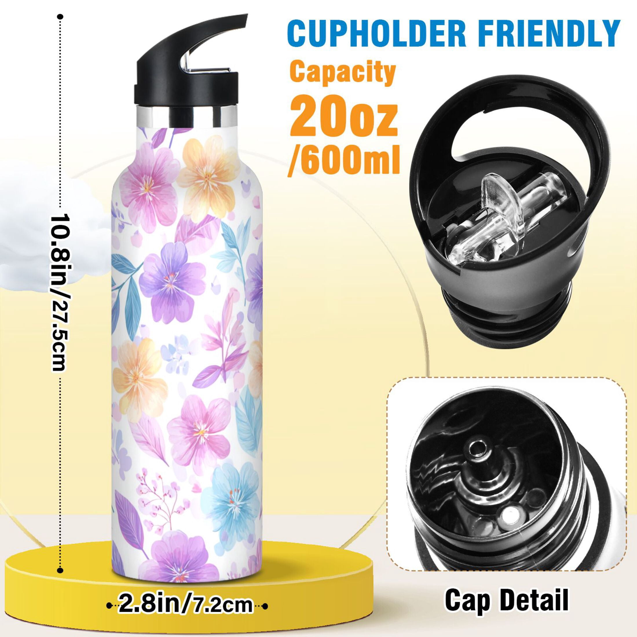 Kids Insulated Stainless Steel Sports Water Bottle 600ml (20oz) Pink and Purple Flowers