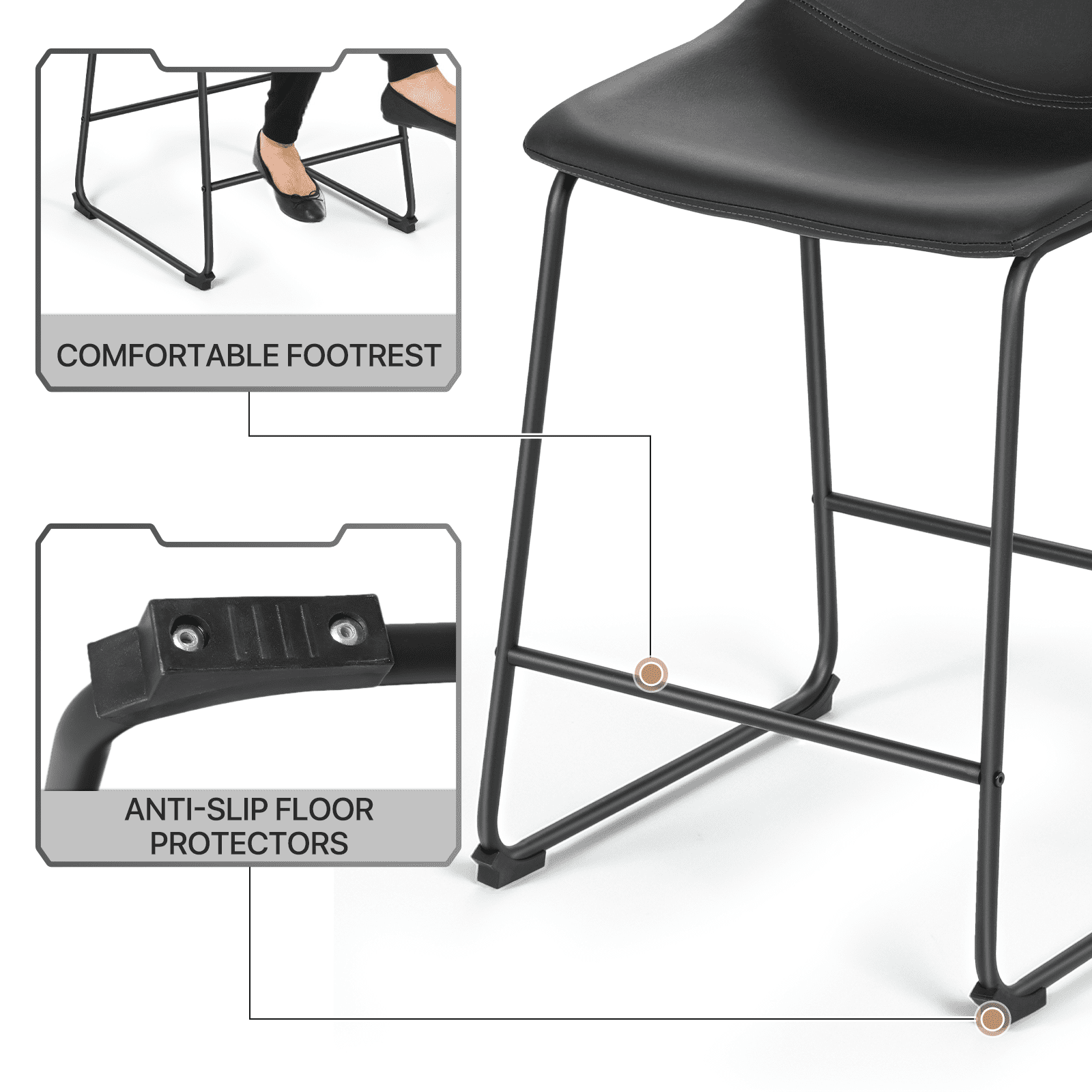 MoNiBloom PU Leather Barstools Set of 4, Modern Counter Height Bar Stools, Dining Pub Chairs with Padded Bucket Seat, Black