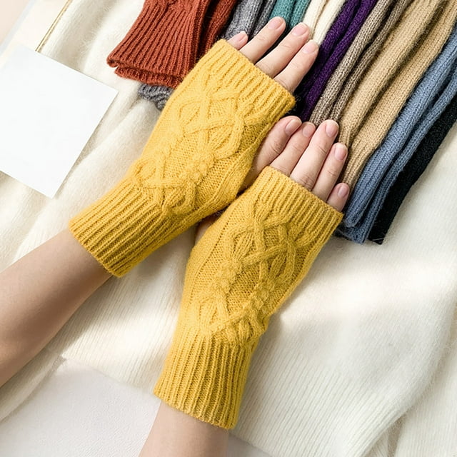 Women Cute Autumn And Winter Solid Color Knitted Half Knitted Woolen Gloves