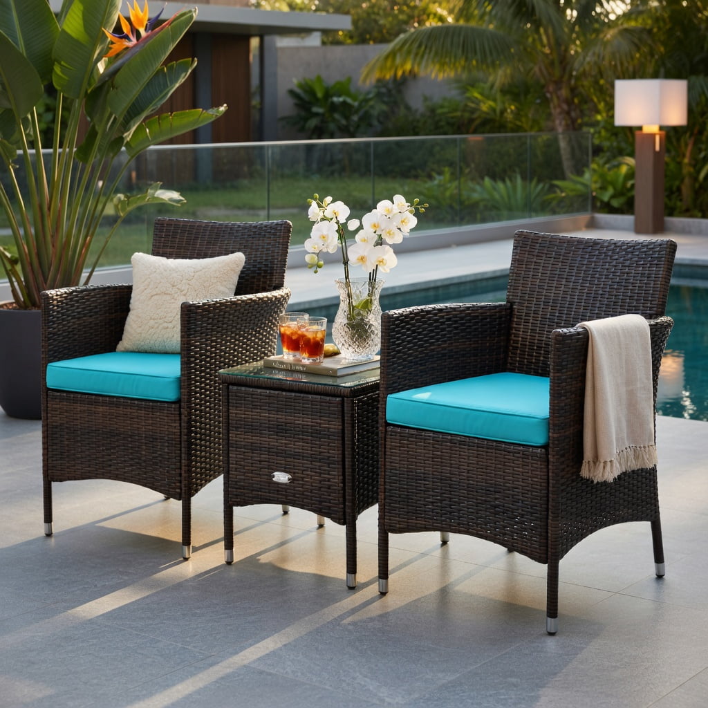 Hommoo 3-Piece Outdoor Wicker Patio Furniture Set with Cushions, PE Rattan Chairs & Tempered Glass Coffee Table for Backyard, Poolside, or Garden, Turquoise