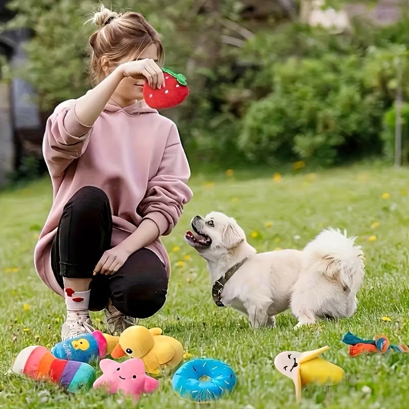18PCS Random Pet Dog Toys Plush Chew Toy Soft Banana Bone Vegetable Fruit Squeaky Puppy Training Interactive Toy Bite-Resistant Pet Supplies