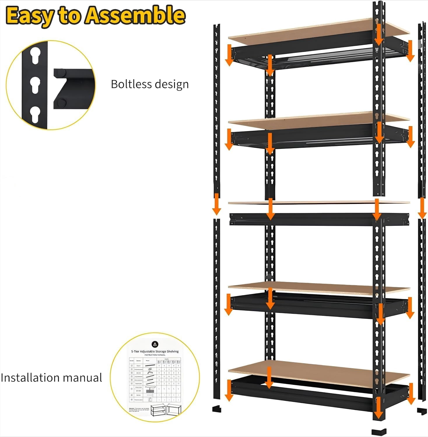 Industrial Metal Storage Shelves, 5 Tier Adjustable Garage Shelving Rack, 2000 lbs Capacity for Pantry and Storage Organization, 30 x 12 x 60 Inch