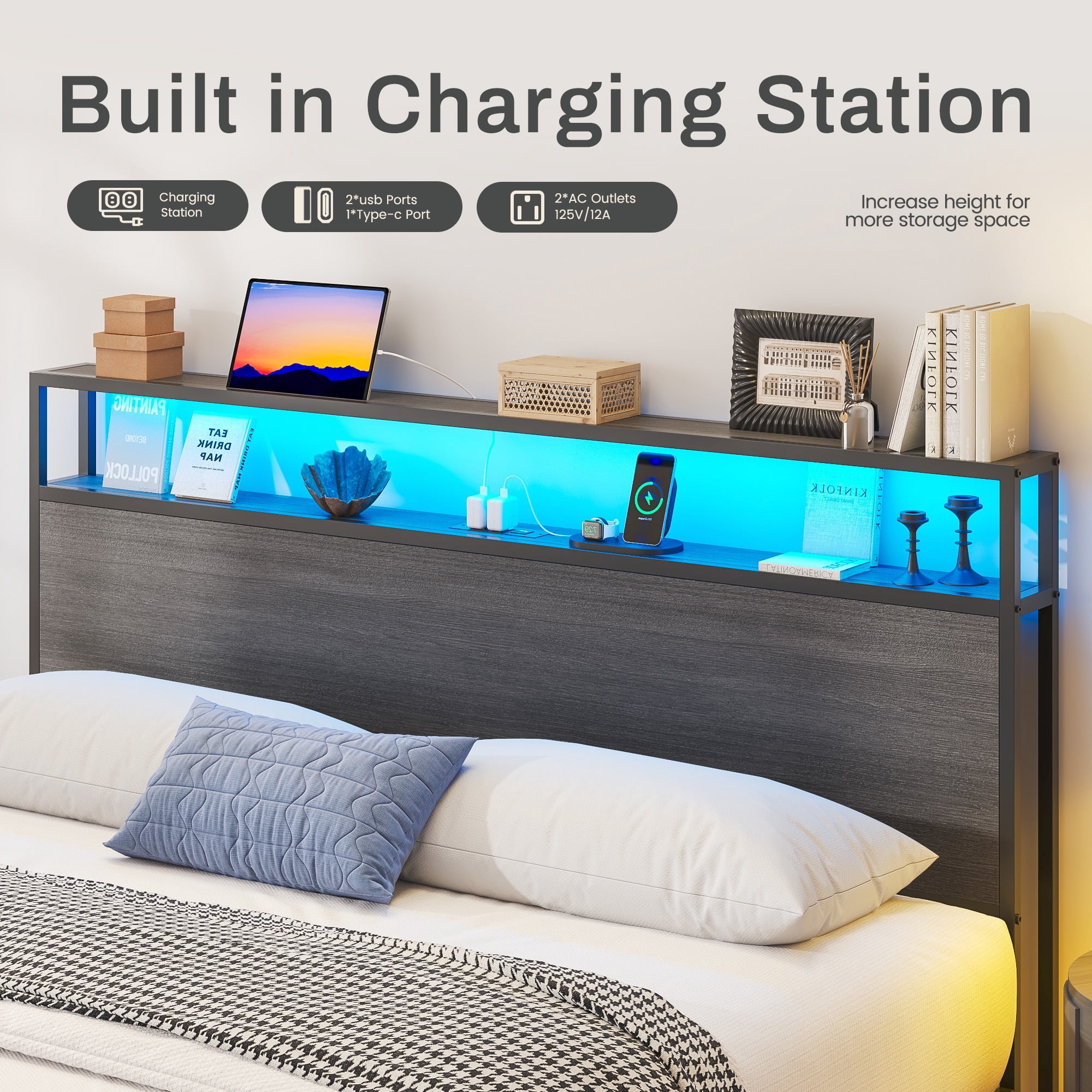 Lifezone Queen Bed Frame with 2-Tier Storage Headboard, Metal Bed Frame with Storage Drawers, Built-in Charging Station & LED Lights, Noise-Free, No Box Spring Needed, Easy Assembly, Rustic Grey