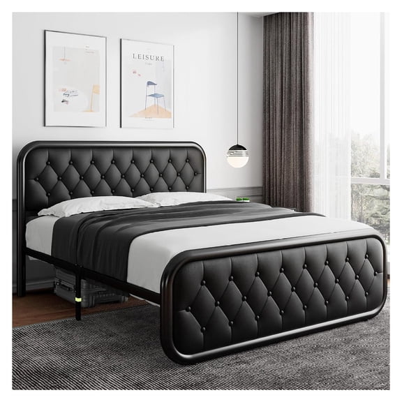 Queen Metal Bed Frame Leather Headboard Platform Base 1000 lbs Steel Slats 12 inch Under Bed Storage
