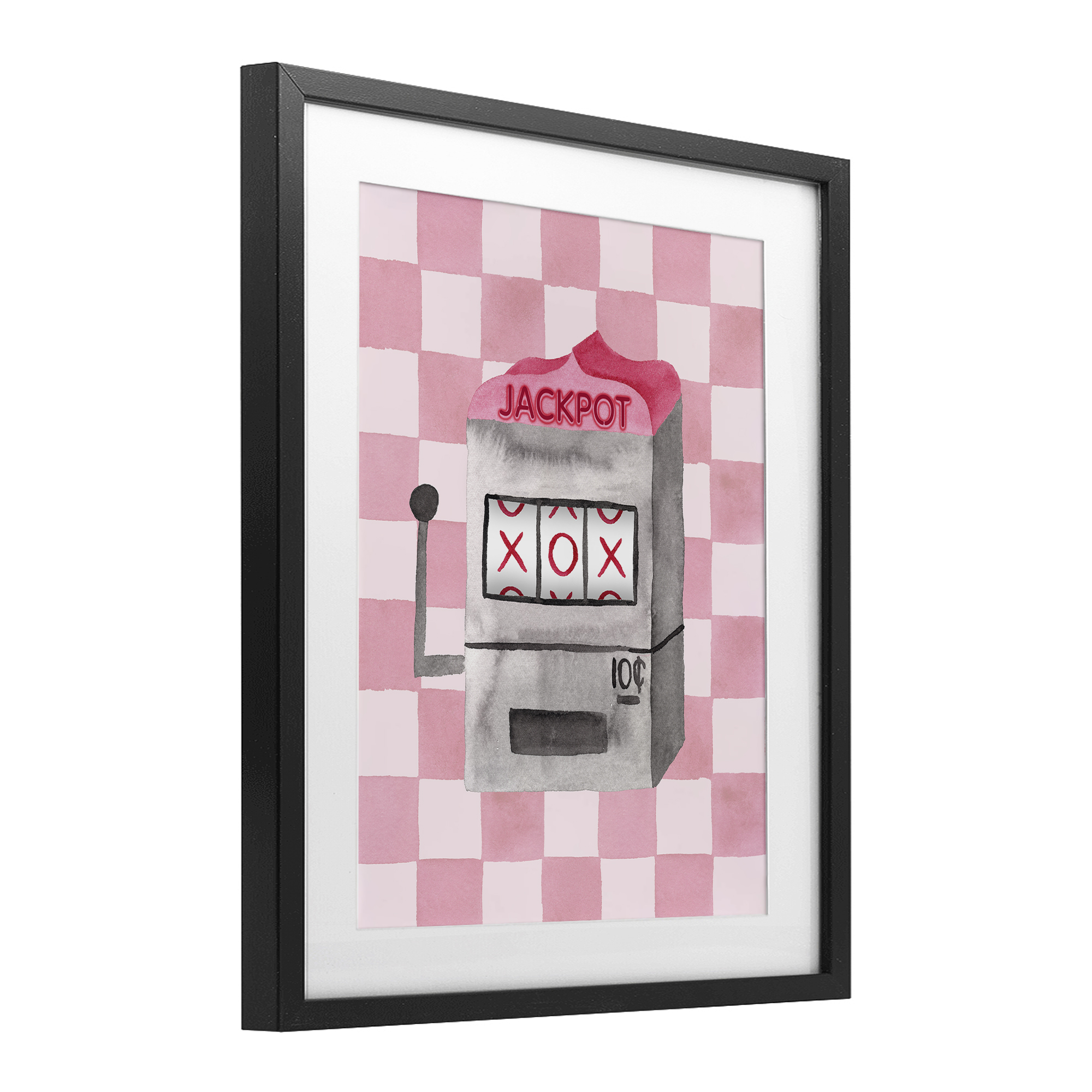 Jackpot Slot Machine Black Framed Print Under Glass, design by Nina Jacobs