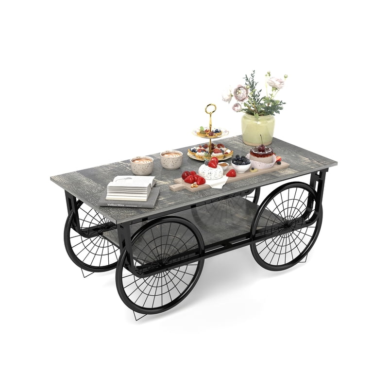 JRHRXXY Vintage Coffee Table with Decorative Wheels,2-Tier Center
