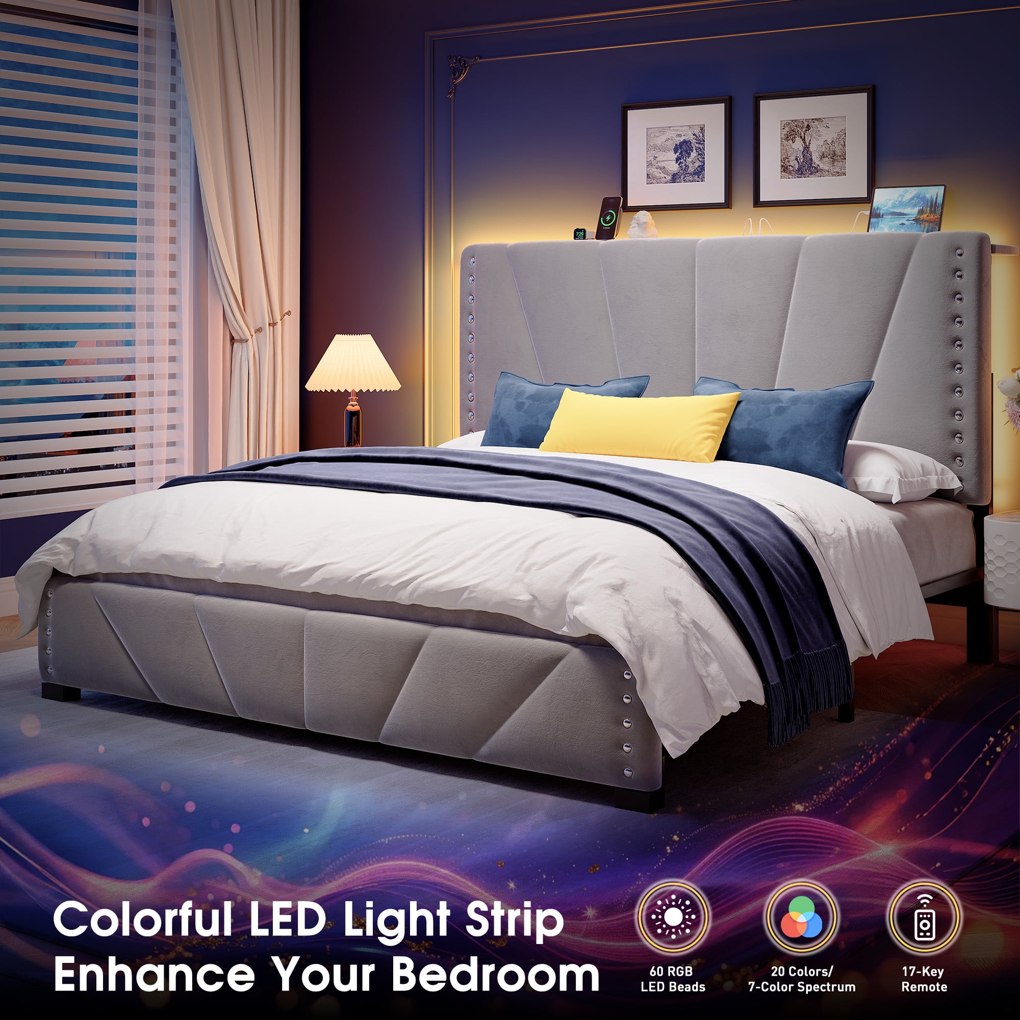 Upholstered Bed Frame with Headboard Queen Size Bed Frame with Charging Station & LED Lights & Storage,Gray