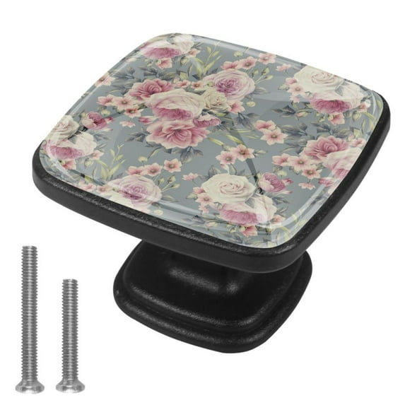 4 Pcs Cabinet Handle Drawer Pulls Flowers in Bloom Knobs with Screws Square Furniture Office Cabinet Knob Decoration
