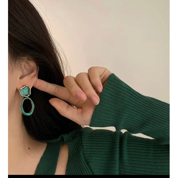 Clip on 1 3/4" gold and green odd shaped dangle hoop earrings