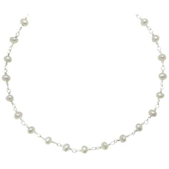 Sterling Silver And Silvertone Freshwater Cultured Pearl Necklace White Small Chain Link (3.0-3.5mm), 18" Designed for Adult Women