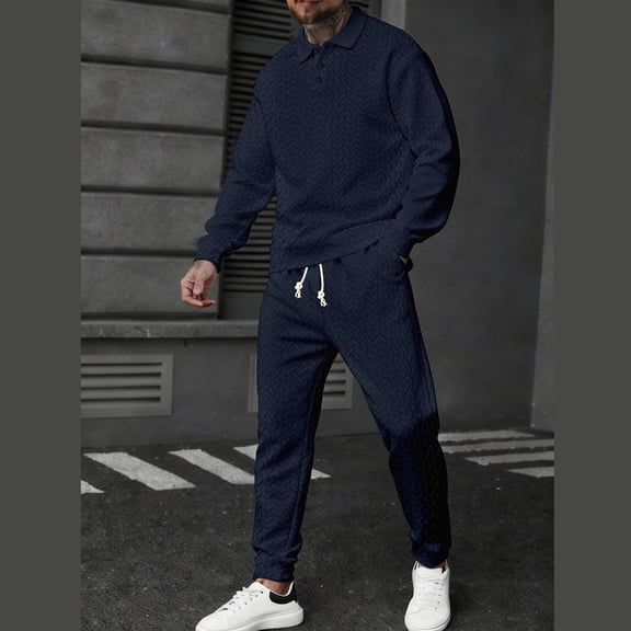 Yusimy Men's Solid Color 2-Piece Button-Down Athletic Set Jacquard Loose Pocket Drawstring Pants Long Sleeve Casual