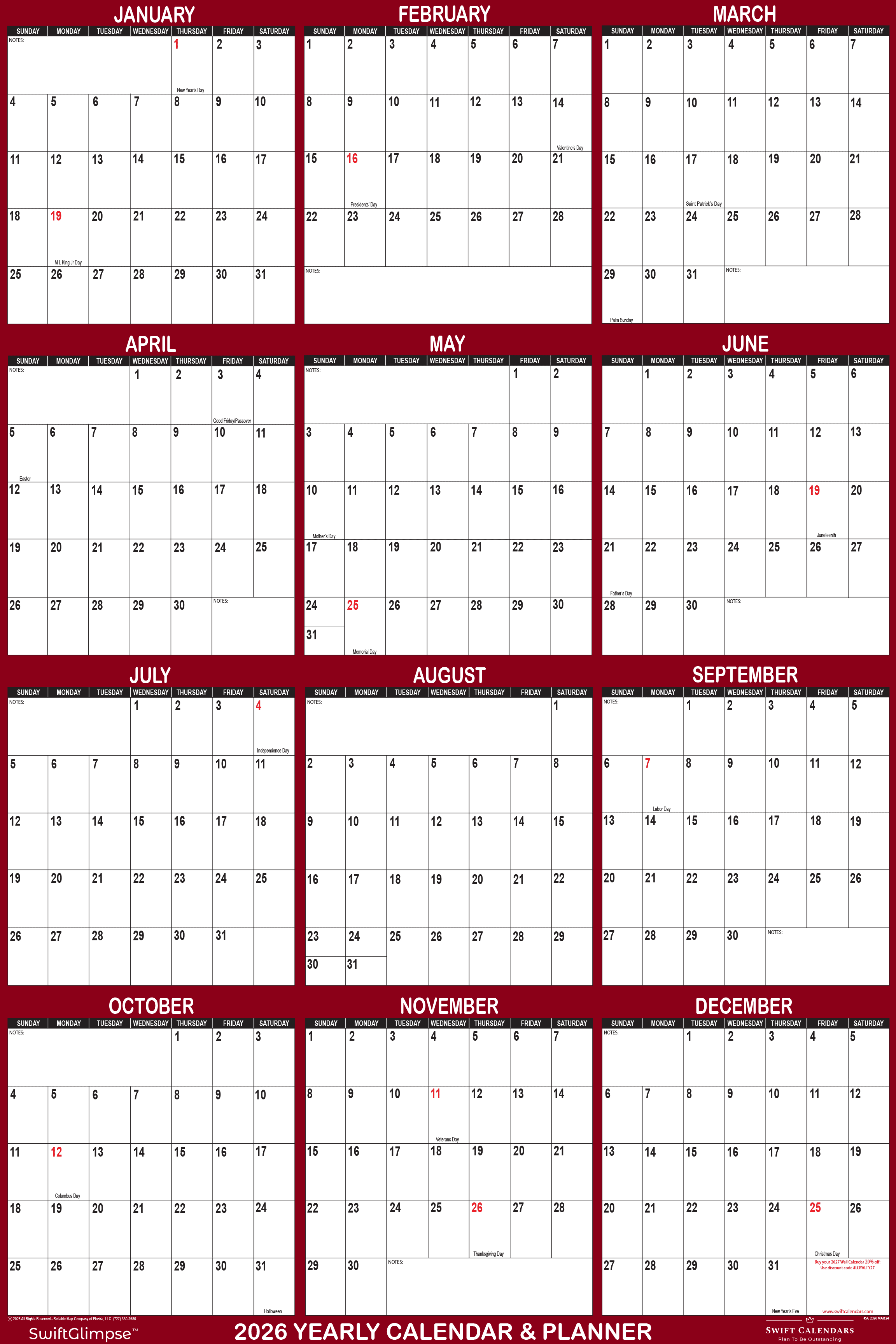 SwiftGlimpse 32" x 48" 2026 Wall Calendar, Erasable, Reversible, Maroon