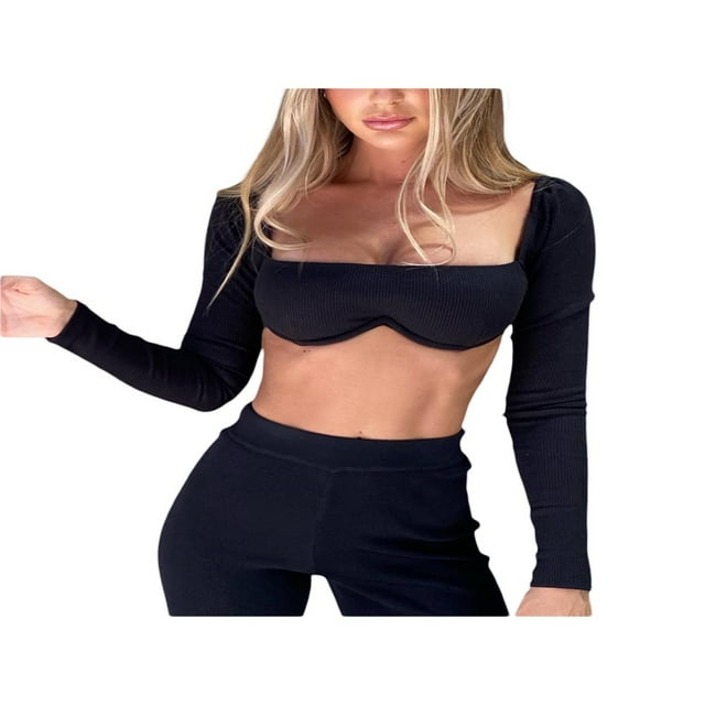 Women‘s Rib Knit Crop Tops Long Sleeve Square Neck Solid Color Stretchy Super-Short T-Shirts Bra Brown XL
