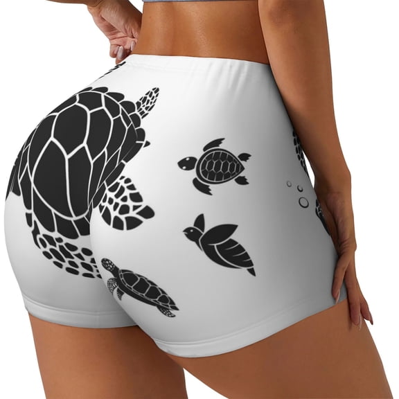 Gukieu Family Of Sea Turtles Print Women's Sports Shorts, Elastic Waist High Stretch Running Yoga Gym Sweatpants-Small