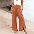 thumbnail image 6 of Wide Leg Linen Pants for Women Cropped Elastic Waist Ruffle Hem Beach Flowy Pants with Pockets Womens Spring Pant Ginger S, 6 of 7