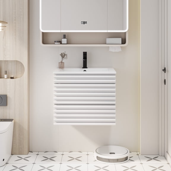 24" Wall Mounted Bathroom Vanity Sink Combo with Ceramic Top, White Wood Tune Farmhouse Floating Cabinet