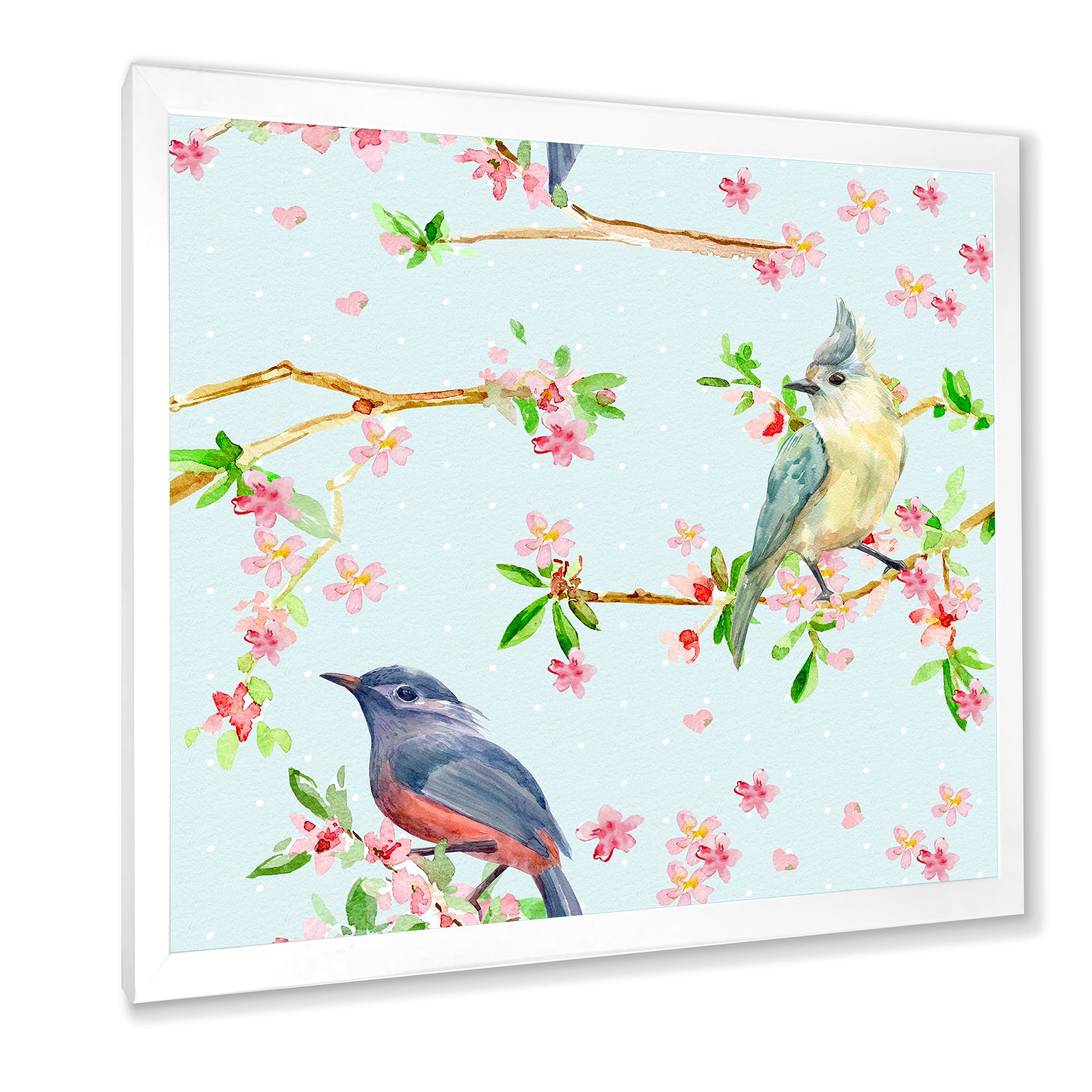 Designart 'Birds and Flowers Pattern In Blue' Traditional Framed Art Print