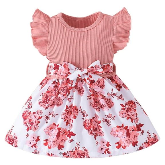 Toddler Baby Girls Dress Summer Casual Fly Sleeve Round Neck Floral Dress Princess Party Dress Girl Beach Sundress