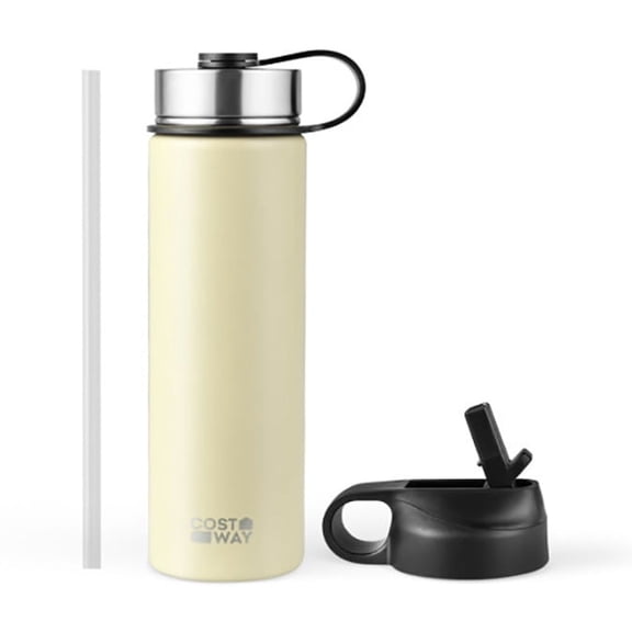 Canddidliike 22 Oz Double-walled Insulated Stainless Steel Water Bottle with 2 Lids and Straw-Beige, Modern Water Bottle with Straw Lid Vacuum Insulated Stainless Steel Metal Thermos Bottles
