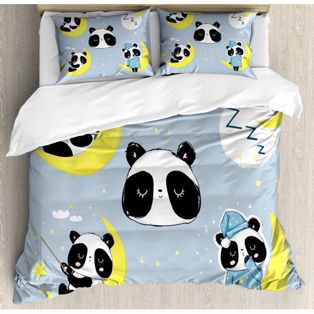 Panda Duvet Cover Set, Animal Sleeping on the Moon, Decorative Bedding